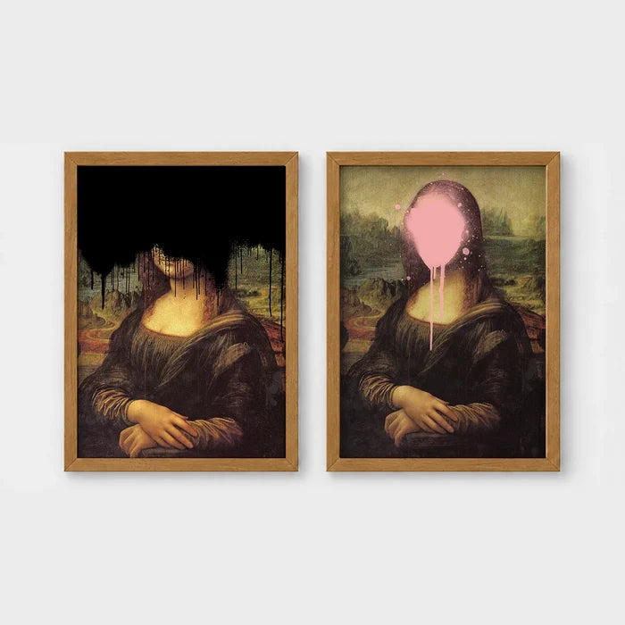 Set of 2 framed prints, classical art with pop-culture twists: the Mona Lisa with black dripping paint over the face; and the Mona Lisa with a pink paint splat over the face — unframed