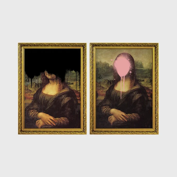 Set of 2 framed prints, classical art with pop-culture twists: the Mona Lisa with black dripping paint over the face; and the Mona Lisa with a pink paint splat over the face — unframed