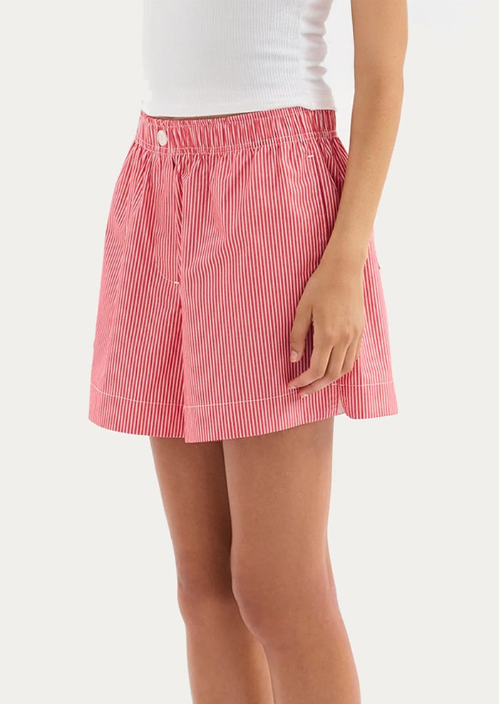 Person wearing a pink striped skirt on a white background