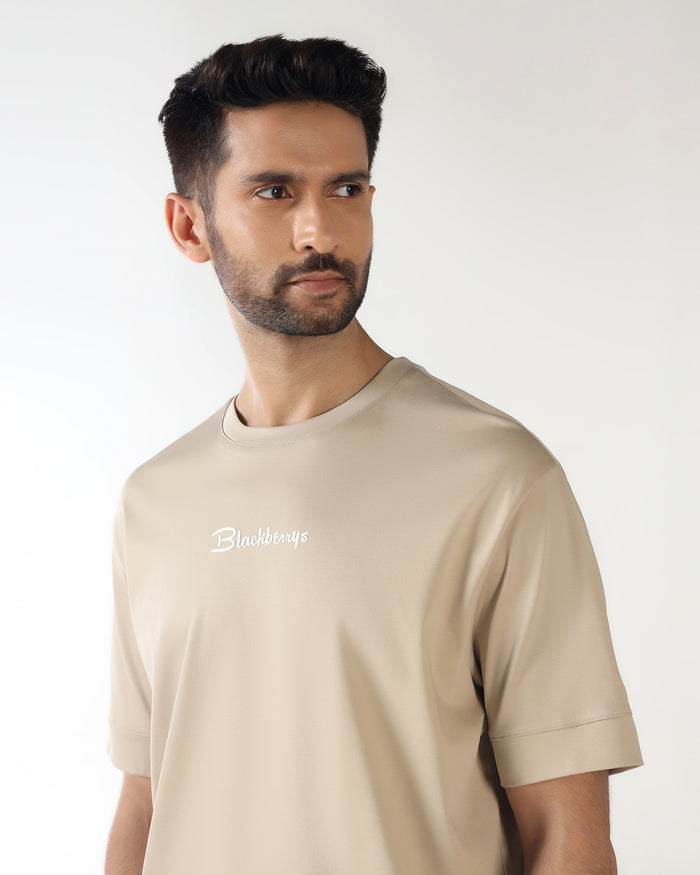 Beige Crew Neck Solid T-Shirt - Toss