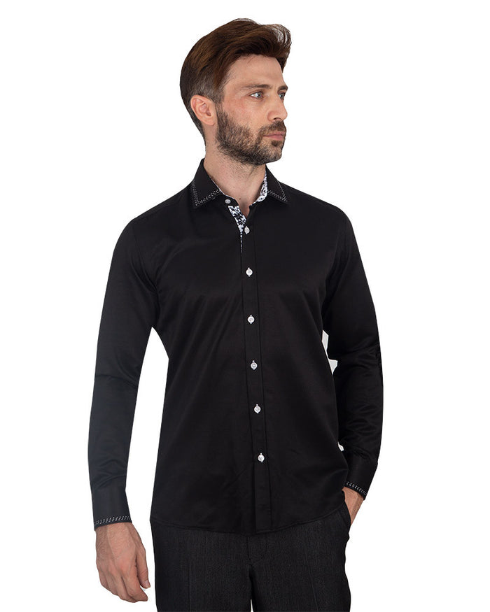 Black Stitching Design Plain Panel Shirt-Makrom