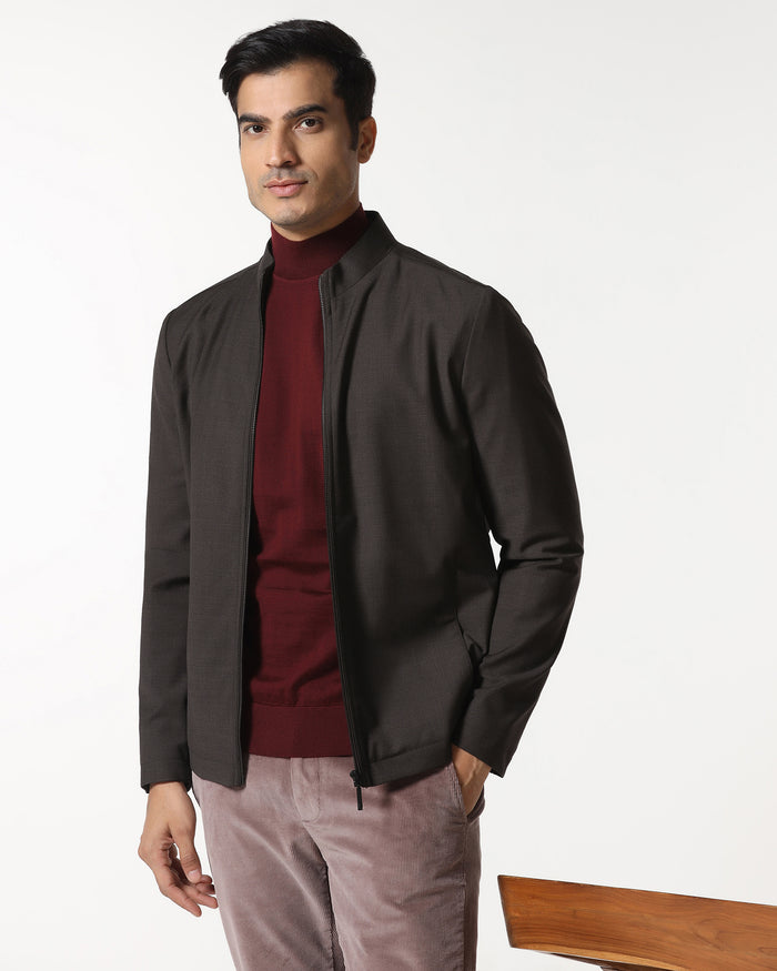 Brown Solid Zipper Jacket - Zeno