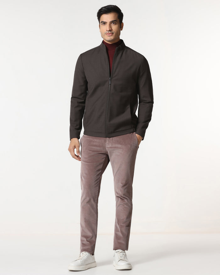 Brown Solid Zipper Jacket - Zeno