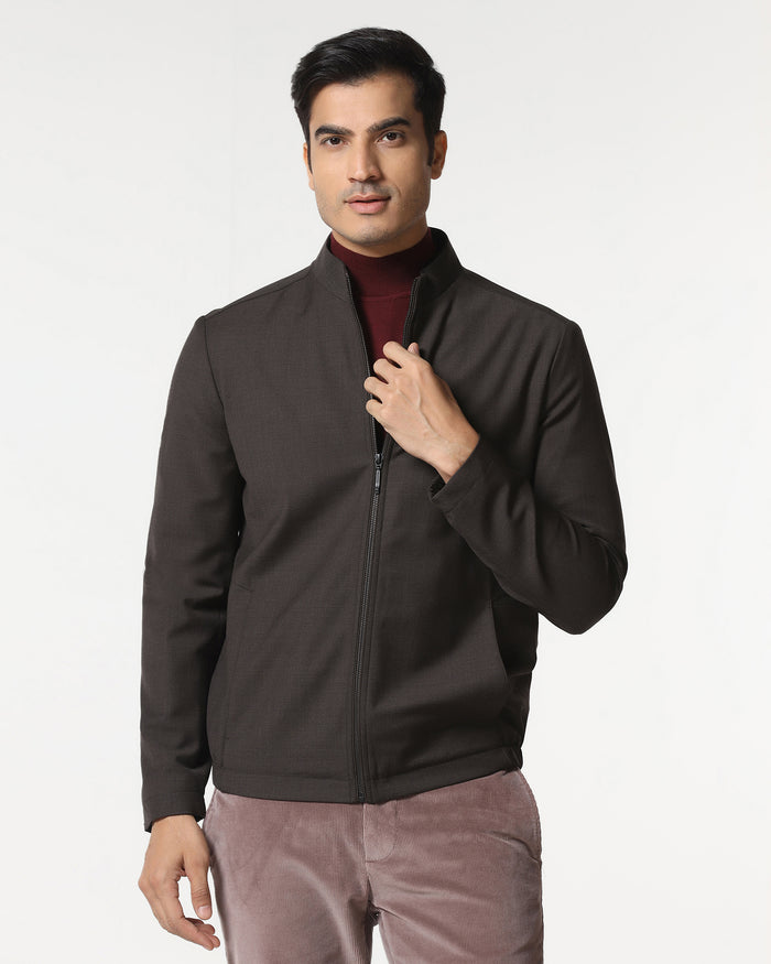 Brown Solid Zipper Jacket - Zeno