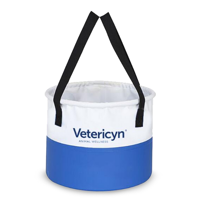 Blue and white bucket with black handles, featuring the Vetericyn logo.