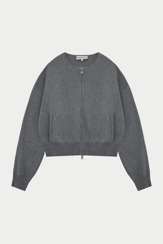 COLLARLESS KNITTED ZIP THROUGH BOMBER - GREY MARL