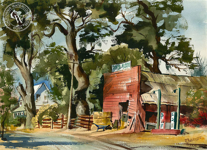 Country Stop, watercolor painting by Ralph Baker (American art). Fine art giclée print reproduction by California Watercolor for wall decor.