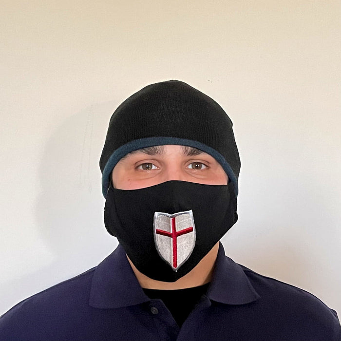 Black Cotton Face Mask with silk embroidered Crusader Shield, adjustable straps and pocket for disposable filter