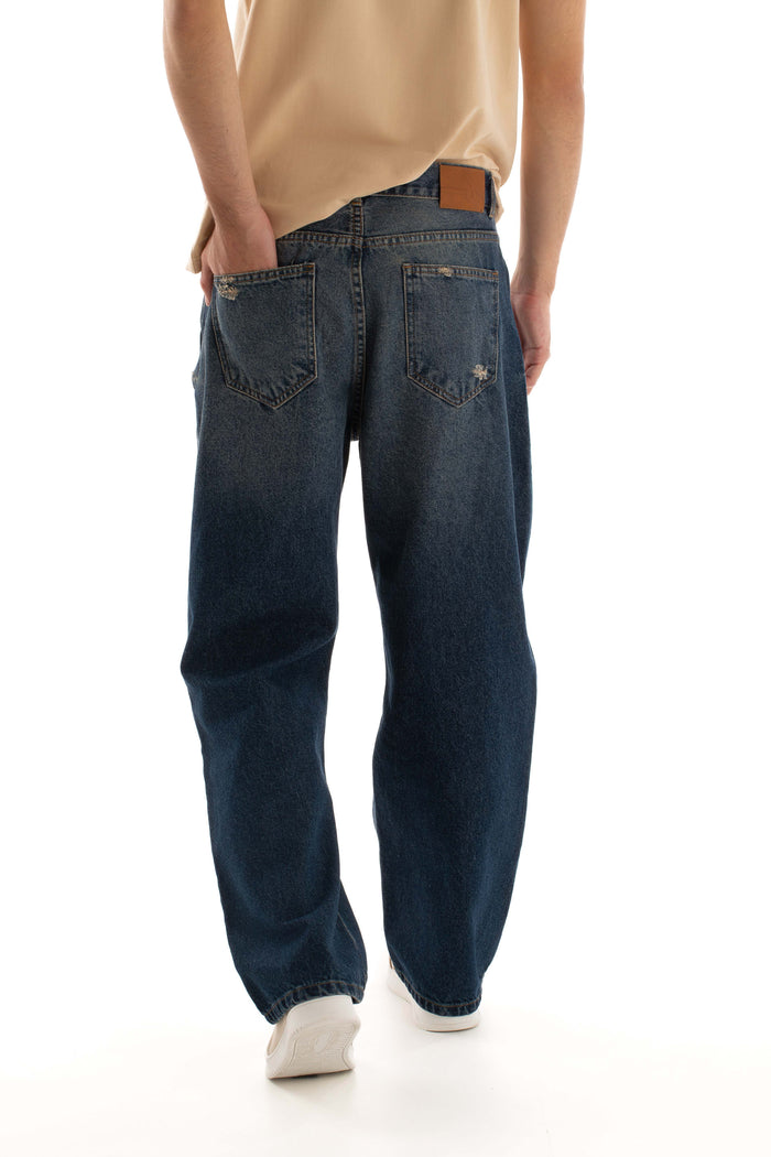 Distressed Straight-Cut Denim Jeans