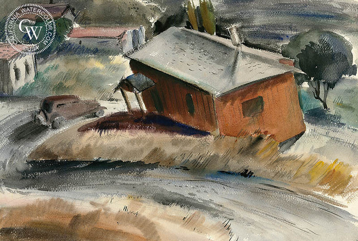 Drive Down Oakland Hills, 1937, watercolor painting by Leon Amyx (American art). Original painting and fine art giclée reproduction by California Watercolor for wall decor.