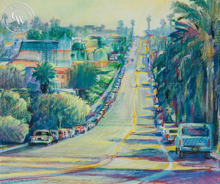 East on Orchard Street, pastel painting by Ken Goldman (American art). Original pastel painting by California Watercolor for wall decor.