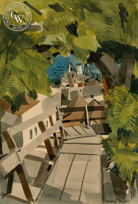 Greenwich St. Steps, Telegraph Hill, 1949, watercolor painting by George Post (American art). Fine art giclée print reproduction by California Watercolor for wall decor.