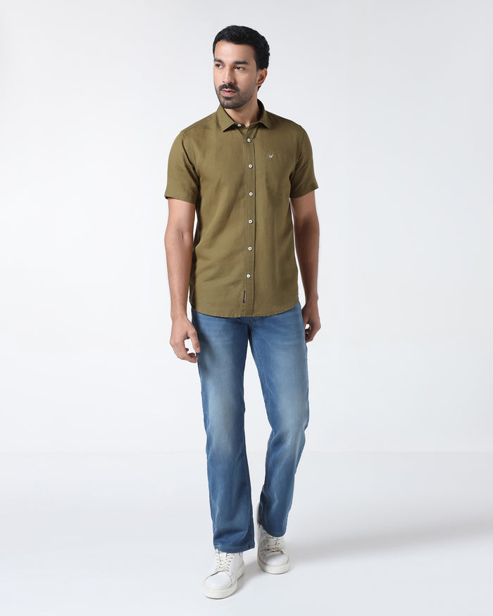 Khaki Half Sleeve Linen Solid Shirt - Cleo