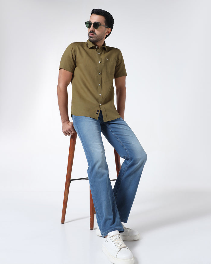 Khaki Half Sleeve Linen Solid Shirt - Cleo