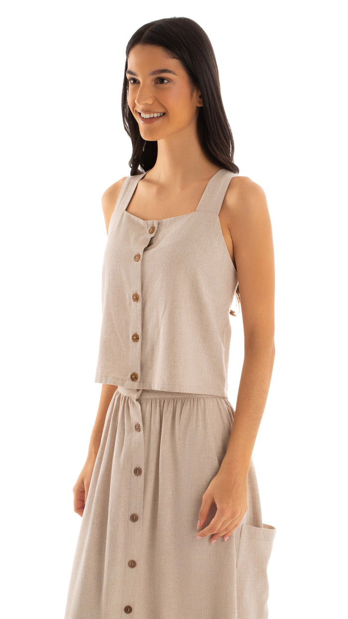 Linen-Blend Buttoned Sleeveless Top