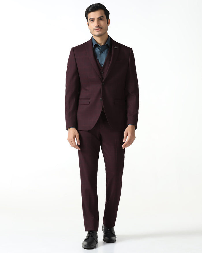Maroon Three Piece Check Suit - Qester