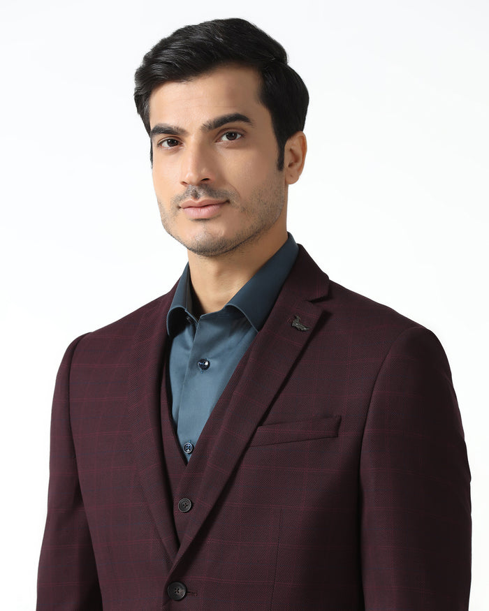 Maroon Three Piece Check Suit - Qester