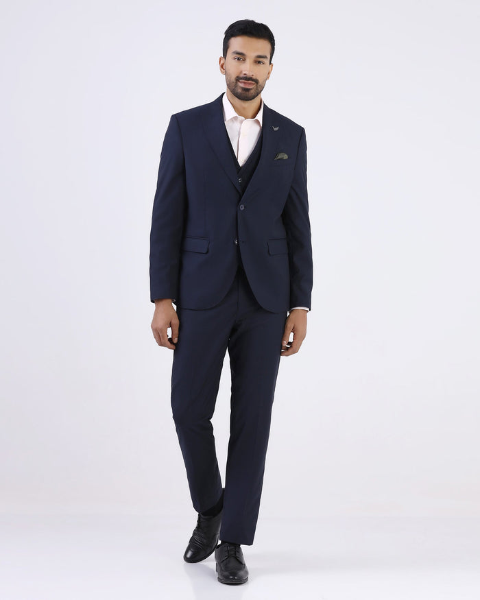 Navy Three Piece Textured Suit - Atoll