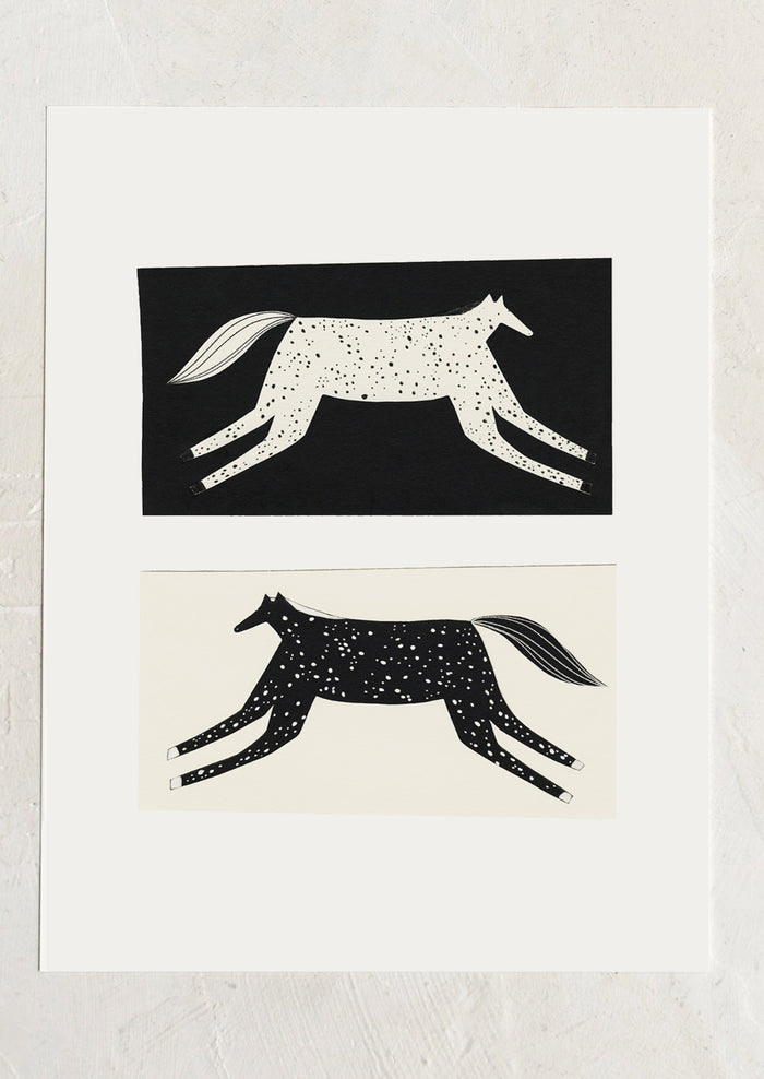 Two black and white illustrations of horses on a light gray background