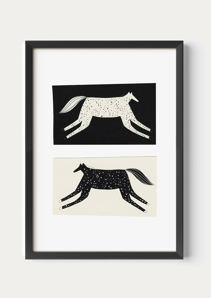 Two black and white illustrations of horses on a light gray background