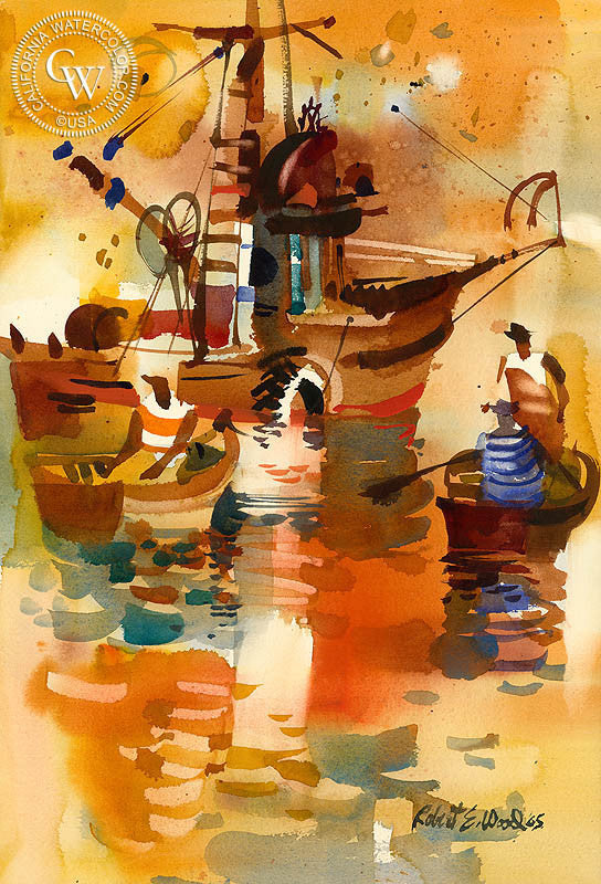 Net Dory's, 1965, watercolor painting by Robert E. Wood (American art). Original painting and fine art giclée reproduction by California Watercolor for wall decor.