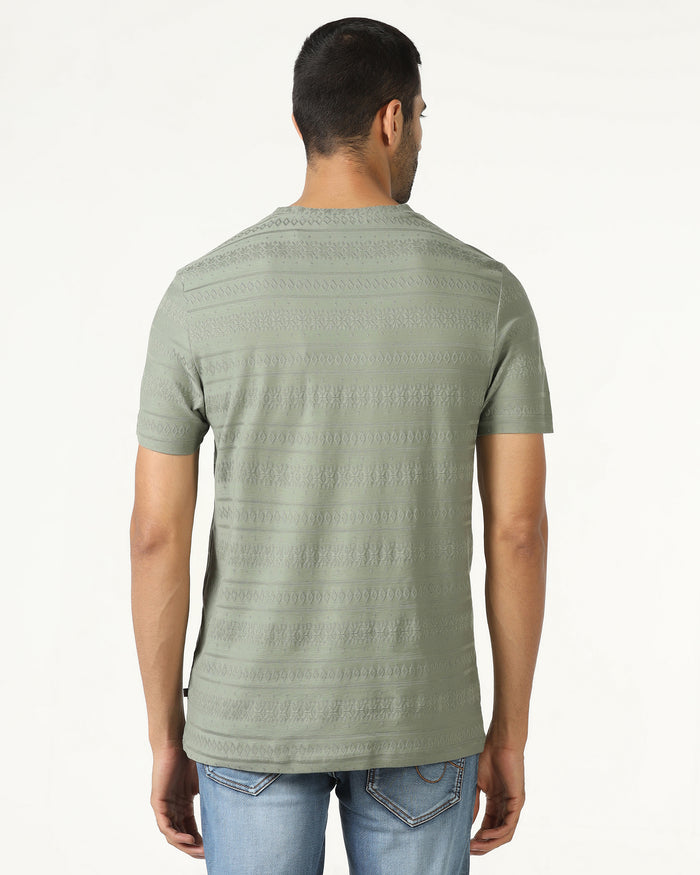 Olive Crew Neck Textured T-Shirt - Lep