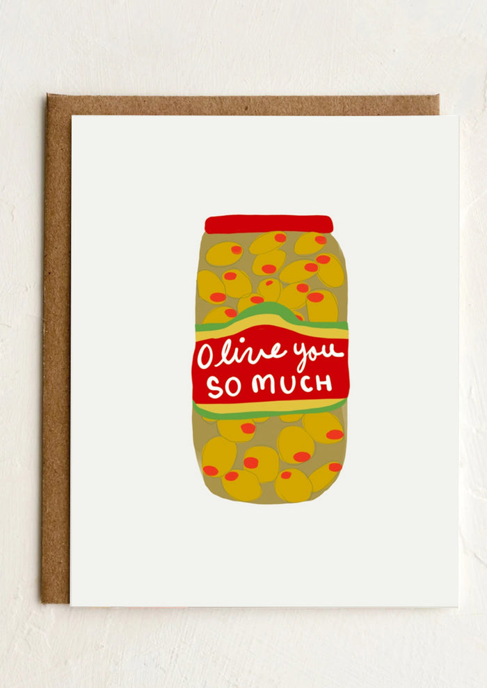 Card with an illustration of a jar of olives and 'Olive you so much' text on a white background.