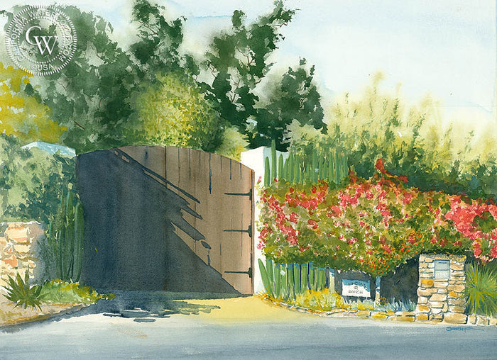 Pauma Valley Gate, watercolor painting by Steve Santmyer (American art). Original painting and fine art giclée reproduction by California Watercolor for wall decor.