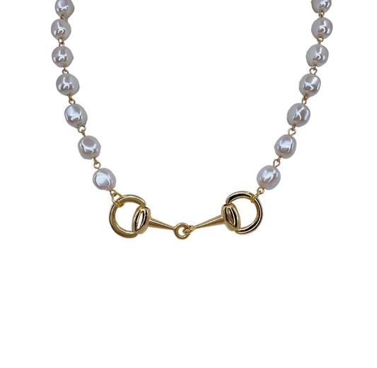 Pearl & Gold Crescent Horse Bit Necklace