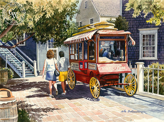 Popcorn Wagon, watercolor painting by John Bohnenberger (American art). Fine art giclée print reproduction by California Watercolor for wall decor.