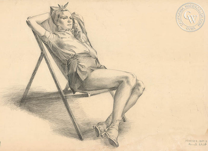 Relaxing in Chair, 1938, watercolor painting by Duval Eliot (American art). Fine art giclée print reproduction by California Watercolor for wall decor.