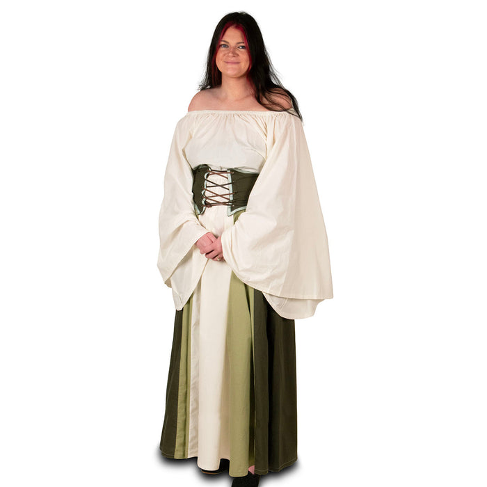 Renaissance Corset Dress has skirt with panels in dark green, medium green and off white and has a corset with leather lacing