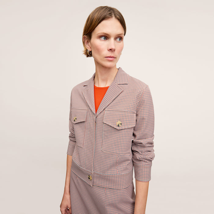 Front image of a woman wearing the Rhoda Jacket in Stretch Twill Mini Check