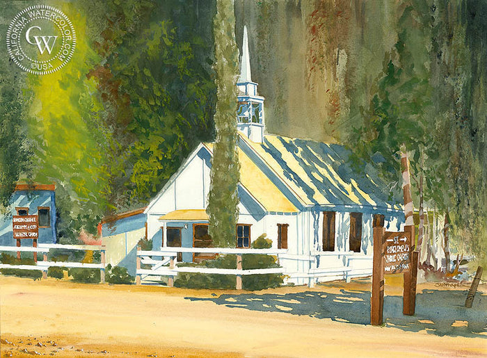 Rincon Chapel, watercolor painting by Steve Santmyer (American art). Original painting and fine art giclée reproduction by California Watercolor for wall decor.