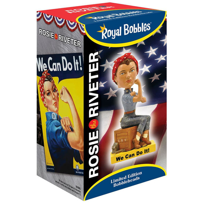 Rosie the Riveter handpainted resin bobblehead includes collector box with important facts about this legendary cultural icon