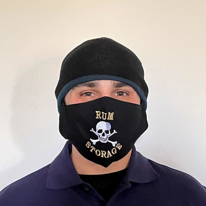 Black Cotton Face Mask with silk embroidery stating Rum Storage, adjustable straps and pocket for disposable filter