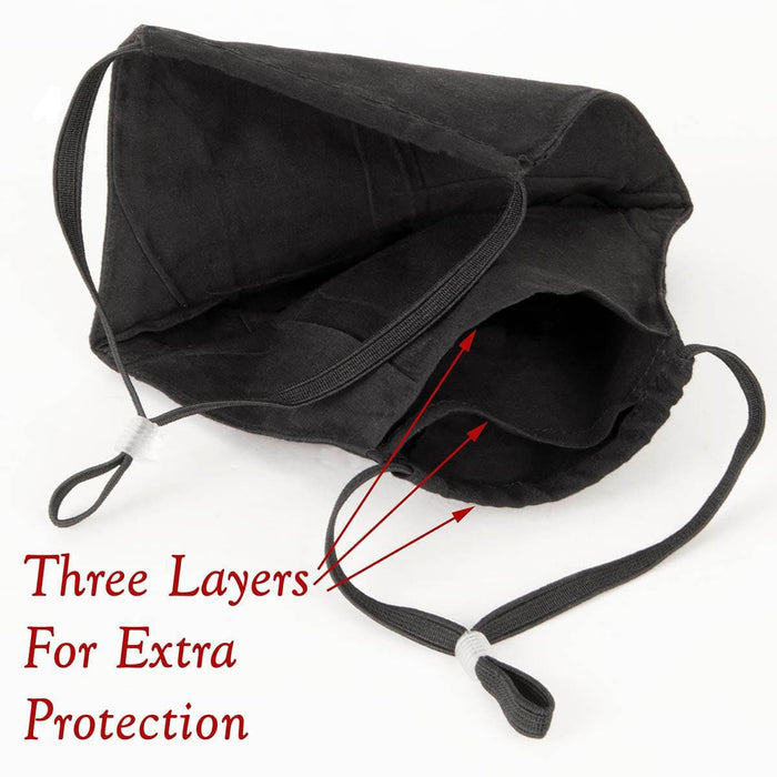 Black Cotton Face Mask  has adjustable straps and 3 layers with a pocket for disposable filter