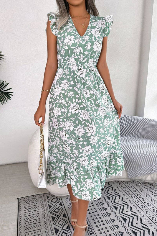 Sage Bloom Ruffle Midi Dress