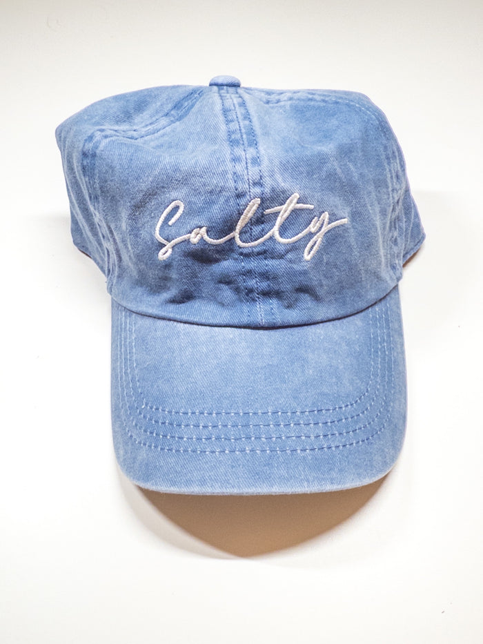 Blue cap with 'Salty' embroidery on a white background