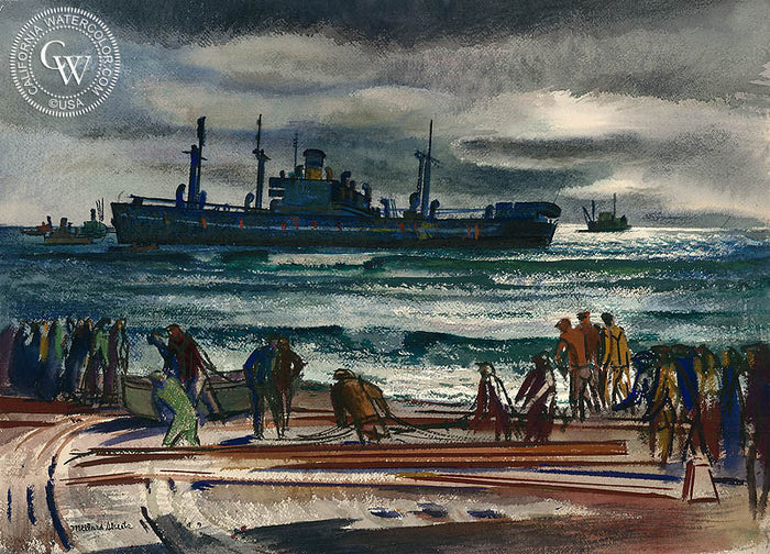 Sea Operation, 1949, watercolor painting by Millard Sheets (American art). Fine art giclée print reproduction by California Watercolor for wall decor.