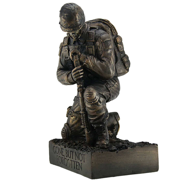 Kneeling soldier statue is resin with bronze finish, a fitting tribute for those who have lost loved ones in the service