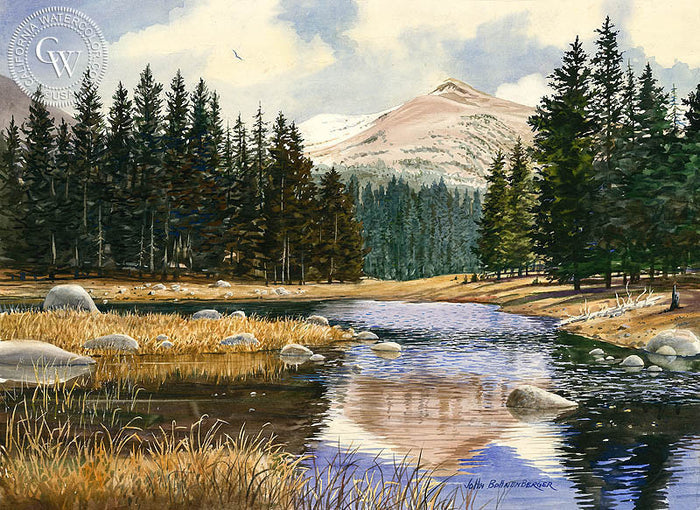 Stepping Stones, watercolor painting by John Bohnenberger (American art). Original painting and fine art giclée reproduction by California Watercolor for wall decor.