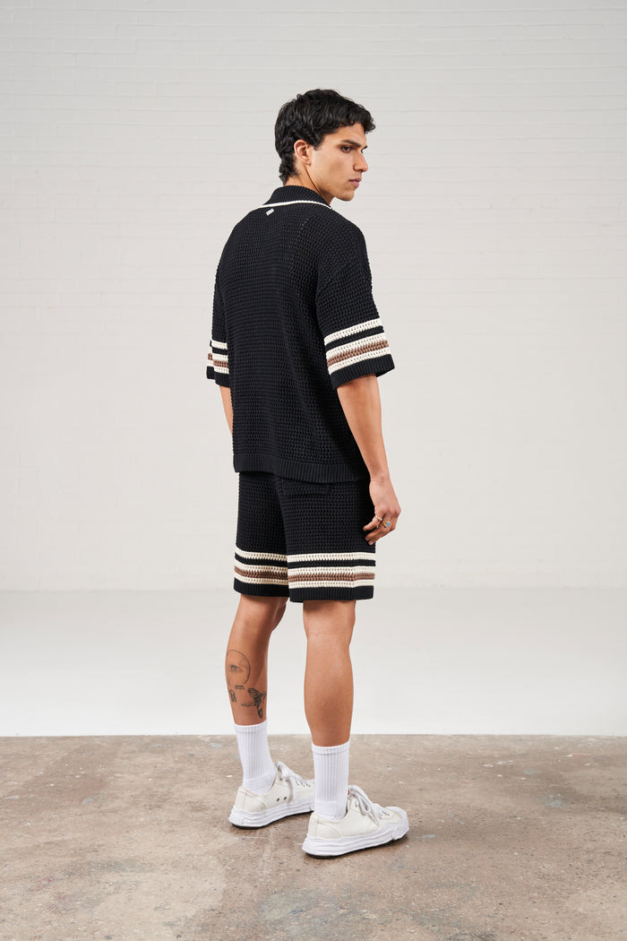 STRIPE TRIM CROCHET KNITTED SHORTS - BLACK