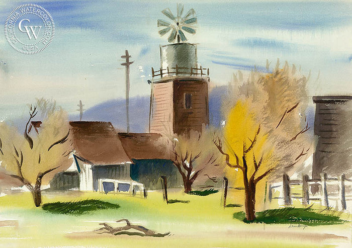 Tank House and Windmill, 1939, watercolor painting by Leon Amyx (American art). Original painting and fine art giclée reproduction by California Watercolor for wall decor.