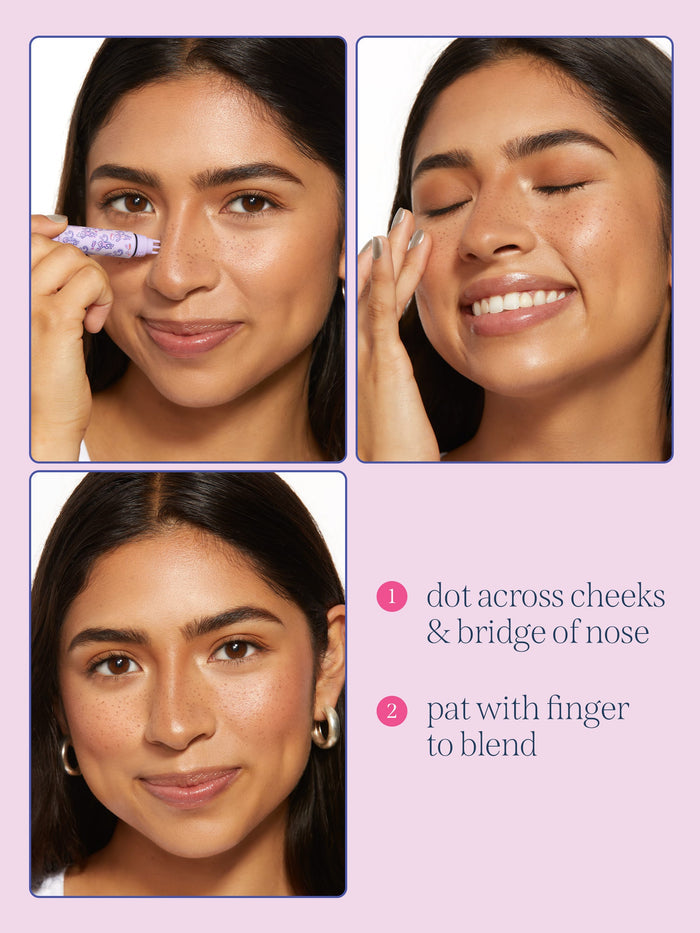 Three-panel makeup application guide showing a woman applying tarte cosmetics x roller rabbit collaboration tarte go with the faux freckle stamp to her nose  'dot across cheeks & bridge of nose' and 'pat with finger to blend'.