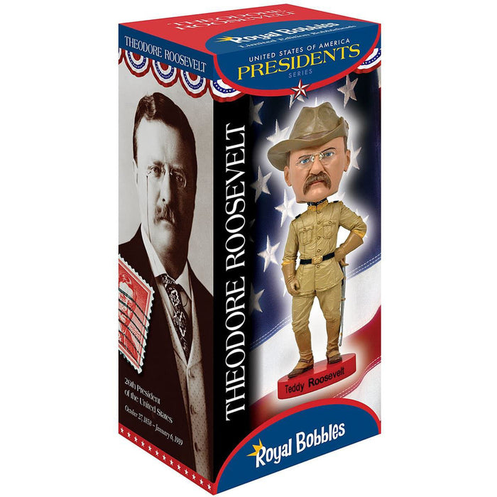 Teddy Roosevelt hand-painted resin bobblehead includes collector box with important facts about his life and accomplishments