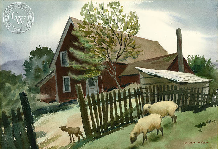 The Curious Lamb, watercolor painting by Nat Levy (American art). Original painting and fine art giclée reproduction by California Watercolor for wall decor.