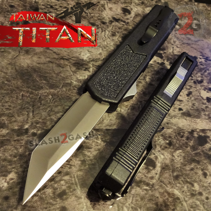 Titan OTF Dual Action Black Automatic Knife Tanto Satin Plain