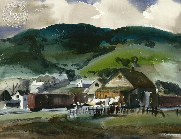 Train Stop, watercolor painting by Maurice Logan (American art). Fine art giclée print reproduction by California Watercolor for wall decor.