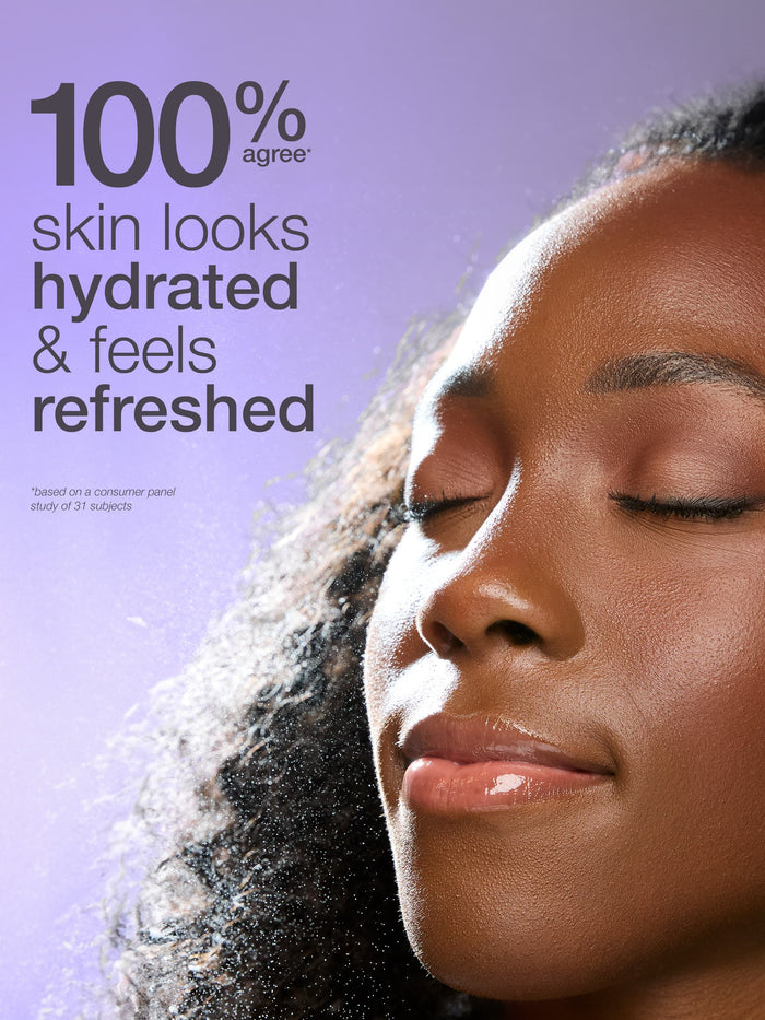 Advertisement for a skincare product with a close-up of a person's face and text about hydration.